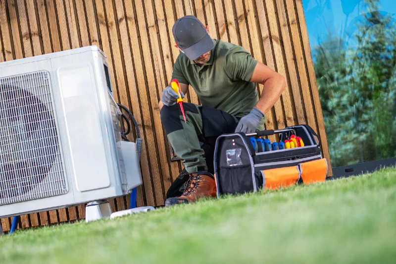 Technician performing routine AC tune-up and maintenance on an outdoor unit at a home in Hernando Beach, Florida