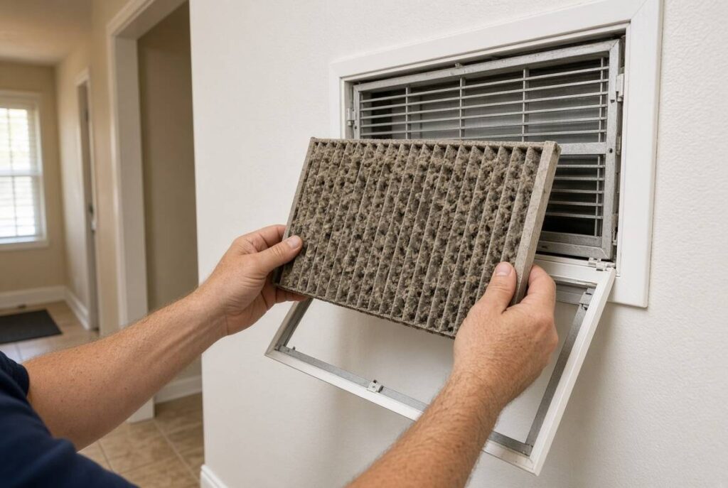 Clogged air filter causing a Ruud air conditioner not cooling in Homosassa