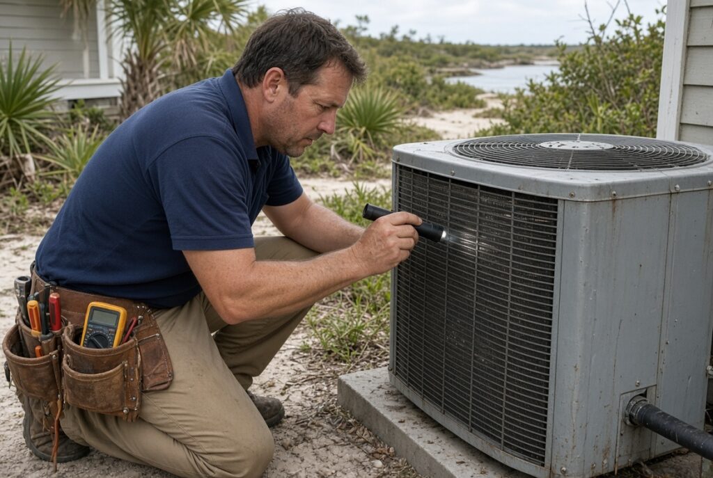 Citrus County air conditioning company technician inspecting a coastal condenser in Homosassa
