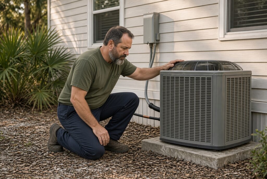 Florida Coast Cooling technician diagnosing an outdoor AC condenser at a Weeki Wachee, Florida home