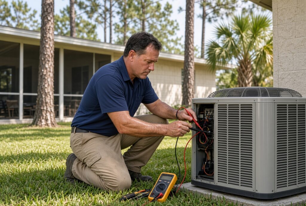 Florida Coast Cooling technician repairing a central air conditioner outside a Lecanto Florida home in ZIP 34461