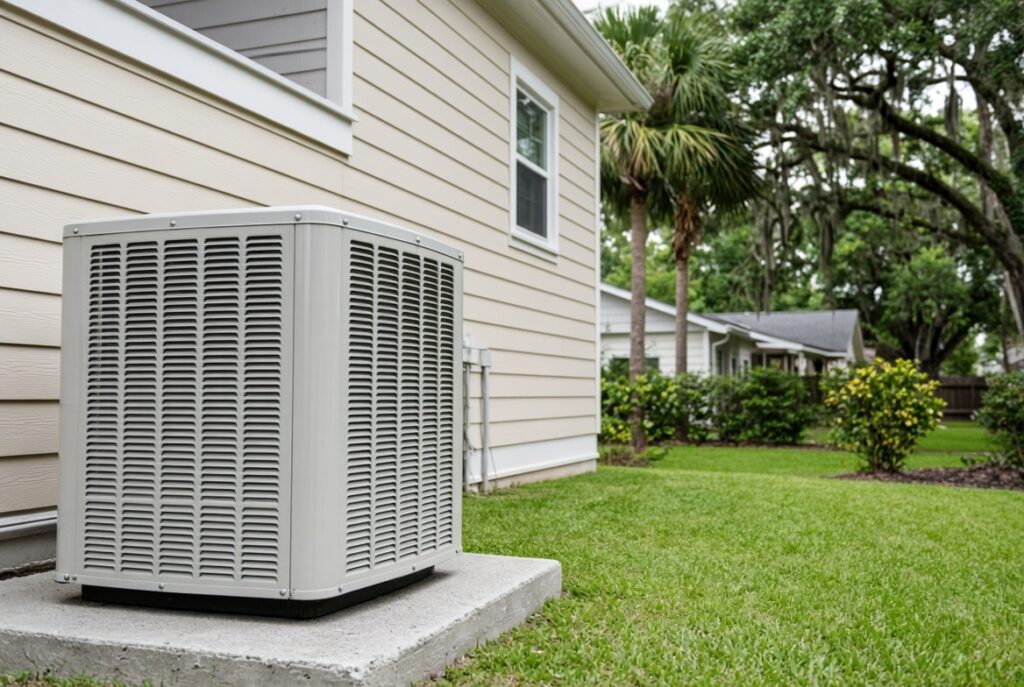 inverness-ac-condenser-neighborhood Air conditioner condenser at a home near Inverness.