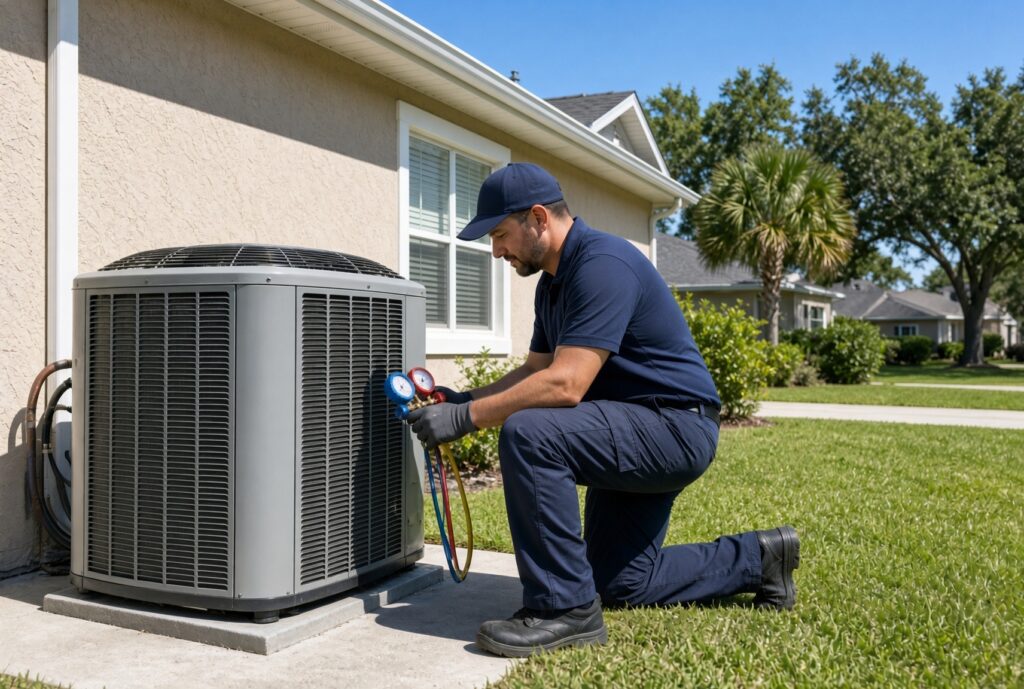 Air conditioner condenser outside a Spring Hill home during a tune-up visit